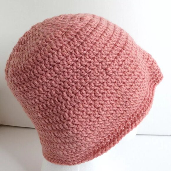 Pink Bucket Hat WOOL Roll Up Brim Beanie OS Cap Handmade Crochet Hand Knit NWT - Picture 3 of 11